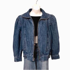 Learsi Womens Vintage Funnel Neck 80s Distresses Blue Denim Bomber Jacket L